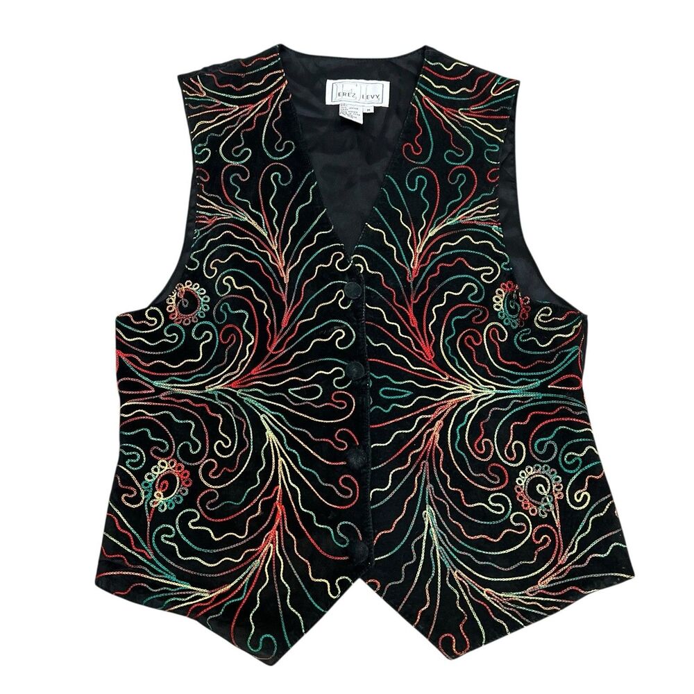 Erez Levy Embroidered Button Front Suede Leather Vest Black Womens Sz M Colorful